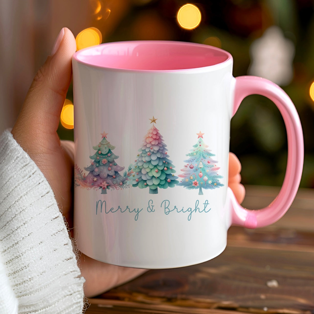 Pastel Trees Pink Christmas Mug with Pink Handle and Interior