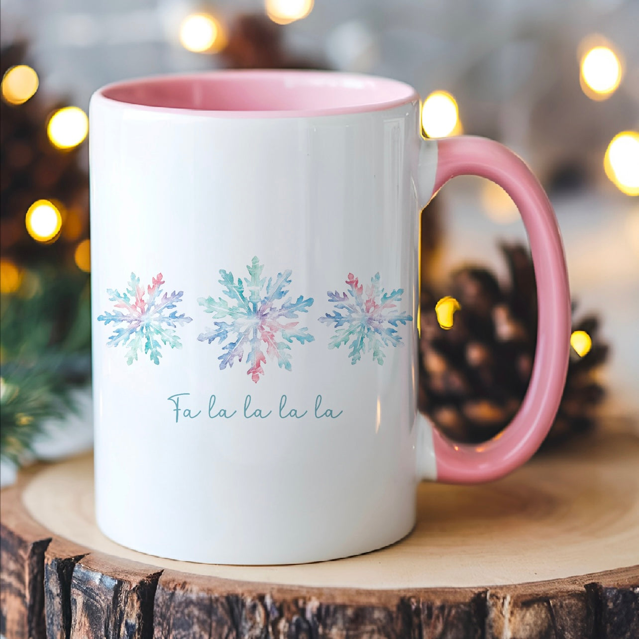 Watercolor Snowflake Pink Christmas Mug with Pink Handle and Interior