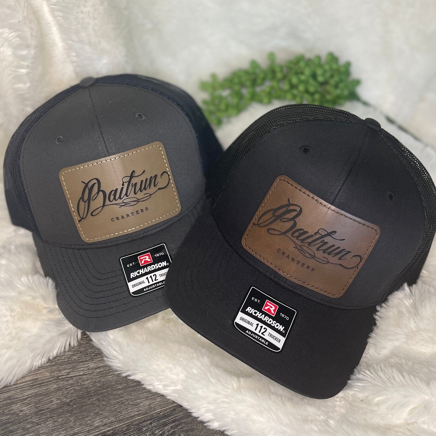 Men's Custom Engraved Leather Patch Trucker Hat ~ Upload your image or logo ~