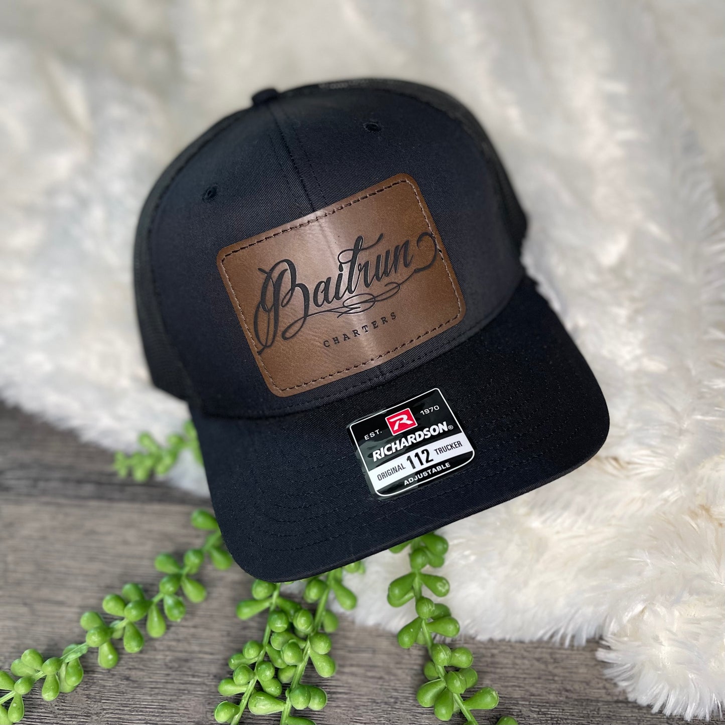 Men's Custom Engraved Leather Patch Trucker Hat ~ Upload your image or logo ~