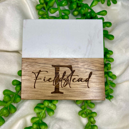 Wood and Marble Coaster Set, Personalized Coaster 4 pack, Custom Housewarming gift, Personalized Realtor Closing gifts, New Home gift