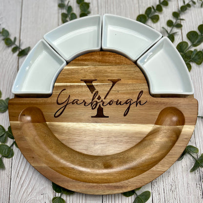 Round Wood and Marble Charcuterie Board | Personalized Party Platter | Family Name Serving Platter | Newlywed Gift