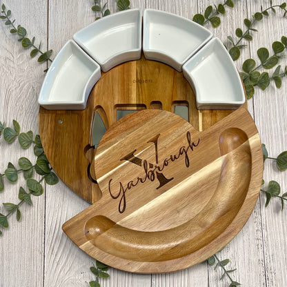 Round Wood and Marble Charcuterie Board | Personalized Party Platter | Family Name Serving Platter | Newlywed Gift