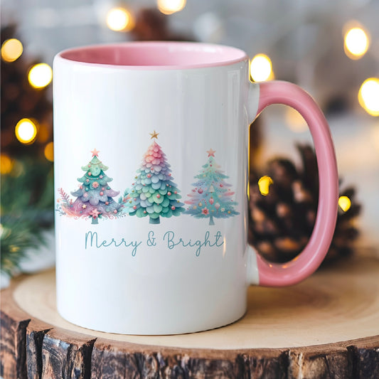 Pastel Trees Pink Christmas Mug with Pink Handle and Interior