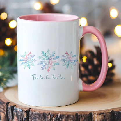 Watercolor Snowflake Pink Christmas Mug with Pink Handle and Interior