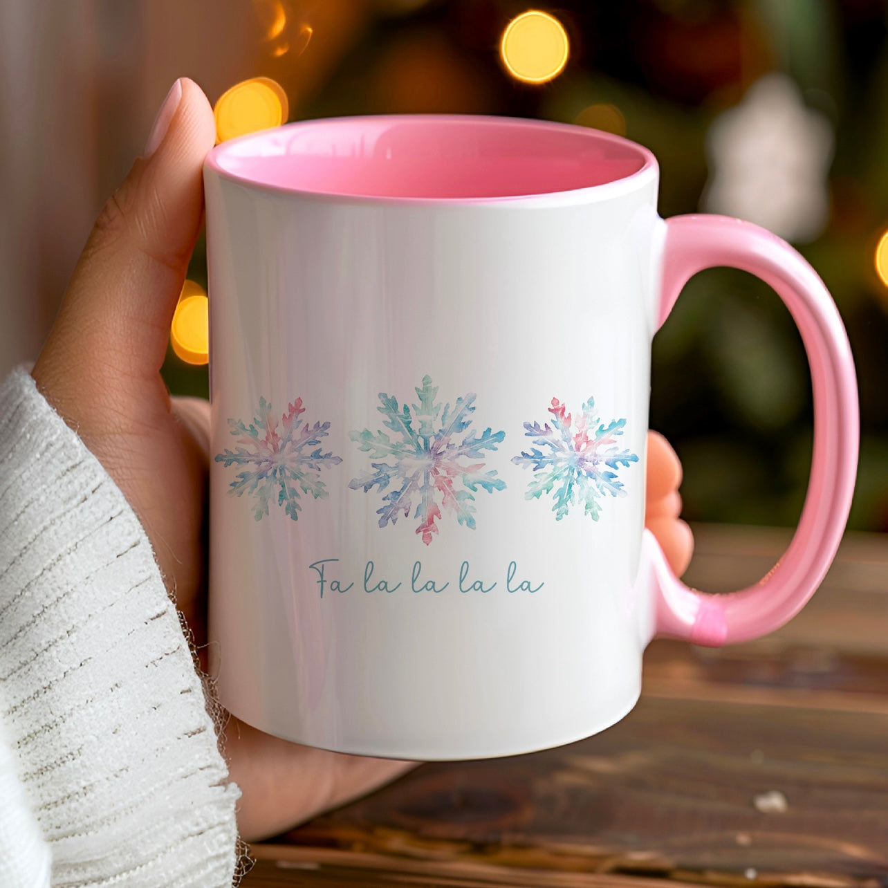 Watercolor Snowflake Pink Christmas Mug with Pink Handle and Interior