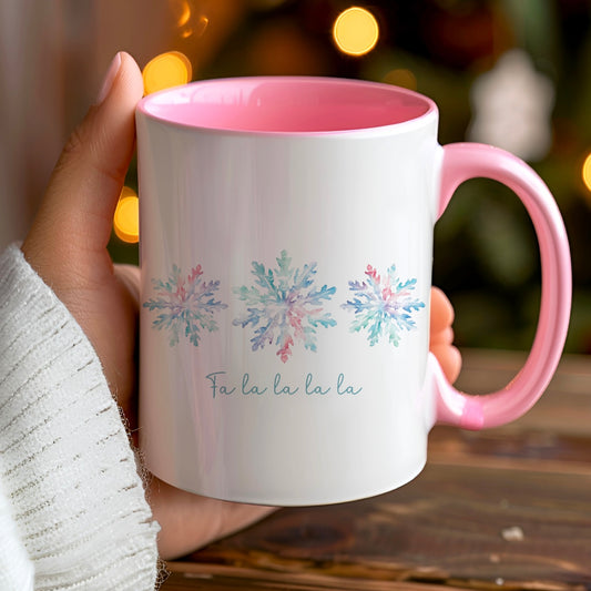 Watercolor Snowflake Pink Christmas Mug with Pink Handle and Interior