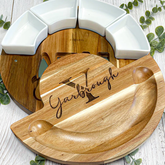 Round Wood and Marble Charcuterie Board | Personalized Party Platter | Family Name Serving Platter | Newlywed Gift