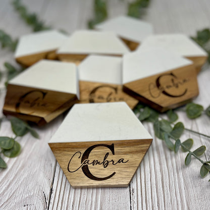 Wood and Marble Coaster Set, Personalized Coaster 4 pack, Custom Housewarming gift, Personalized Realtor Closing gifts, New Home gift