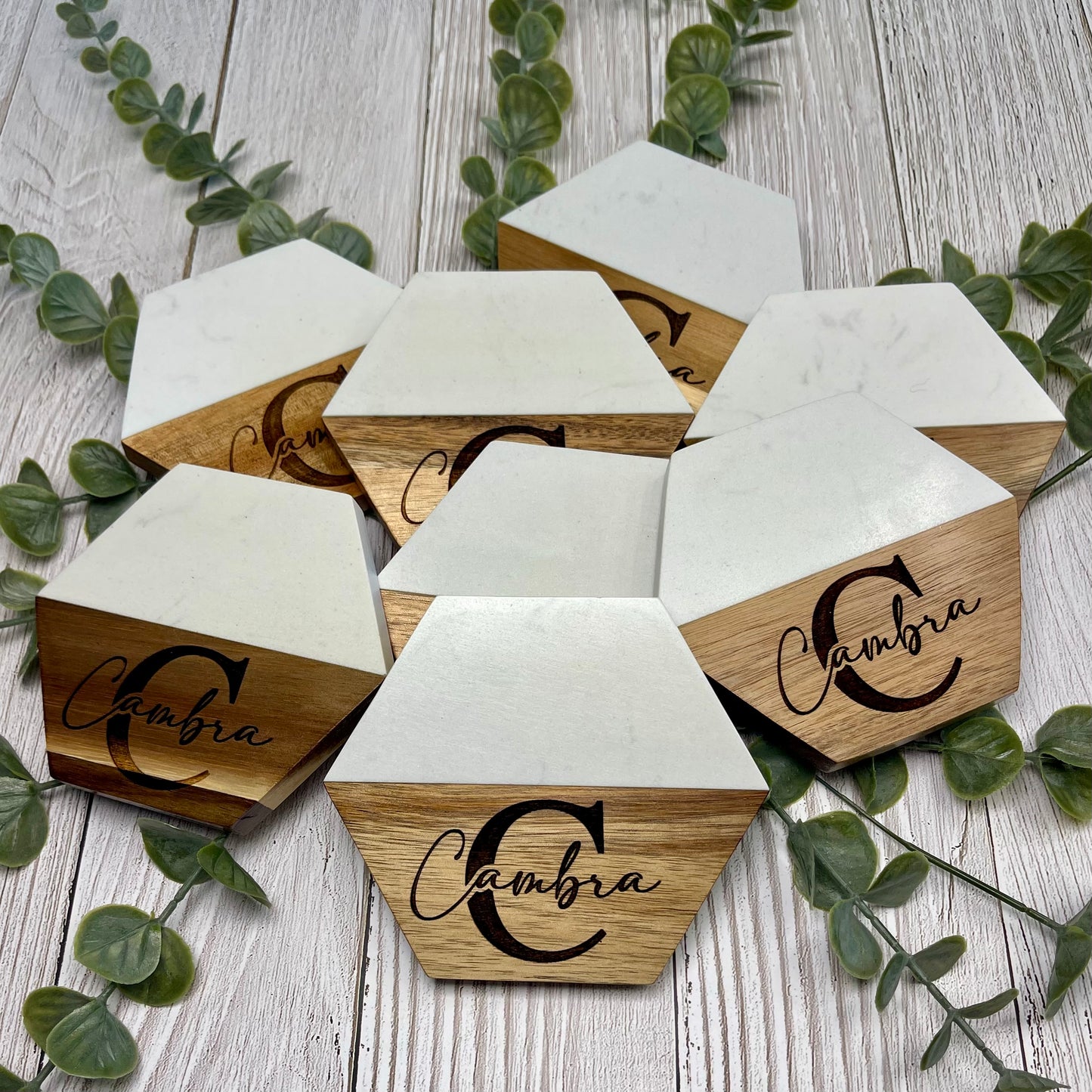 Wood and Marble Coaster Set, Personalized Coaster 4 pack, Custom Housewarming gift, Personalized Realtor Closing gifts, New Home gift
