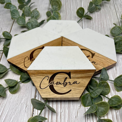 Wood and Marble Coaster Set, Personalized Coaster 4 pack, Custom Housewarming gift, Personalized Realtor Closing gifts, New Home gift