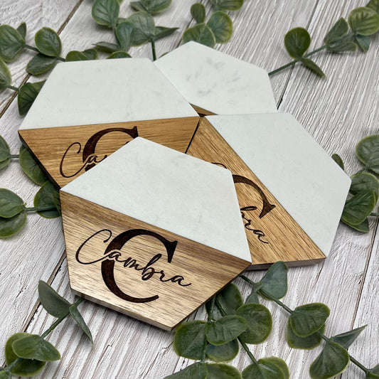 Wood and Marble Coaster Set, Personalized Coaster 4 pack, Custom Housewarming gift, Personalized Realtor Closing gifts, New Home gift