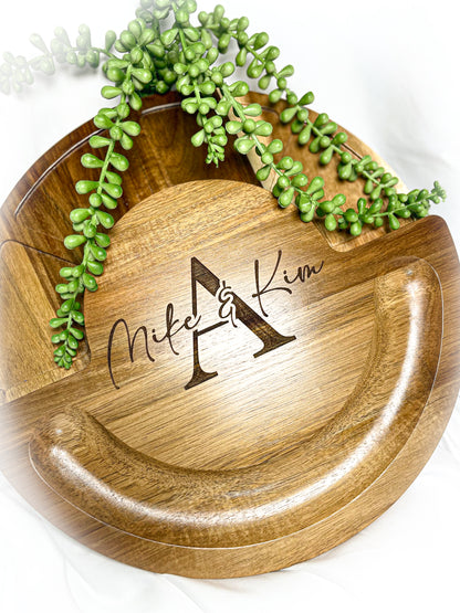 Round Wood and Marble Charcuterie Board | Personalized Party Platter | Family Name Serving Platter | Newlywed Gift
