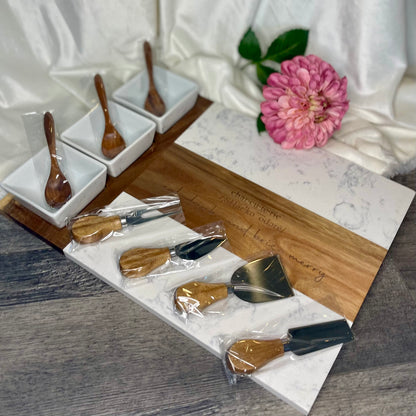 Wood and Marble Charcuterie Board | Personalized Party Platter | Hors d’oeuvres Serving Platter