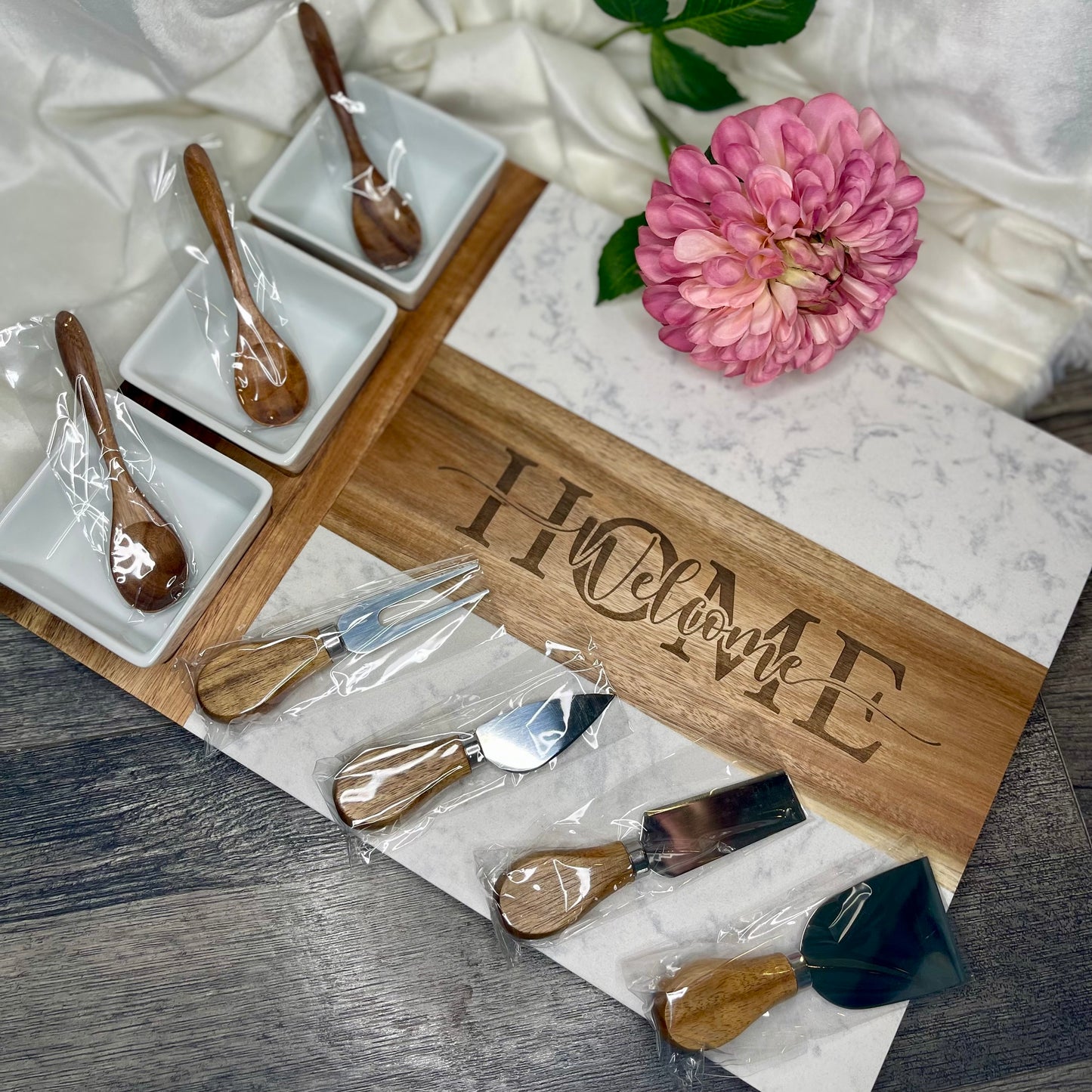 Wood and Marble Charcuterie Board | Personalized Party Platter | Hors d’oeuvres Serving Platter