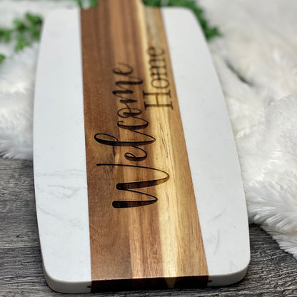 Wood and Marble Serving Board, Personalized charcuterie board, Custom Housewarming gift, Personalized Realtor Closing gifts, New Home gift